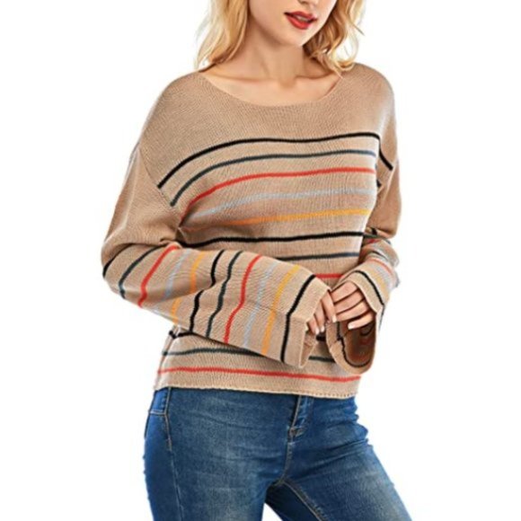 NWT Striped Knit Bell Sleeve Slouchy Sweater Top. - Picture 6 of 6